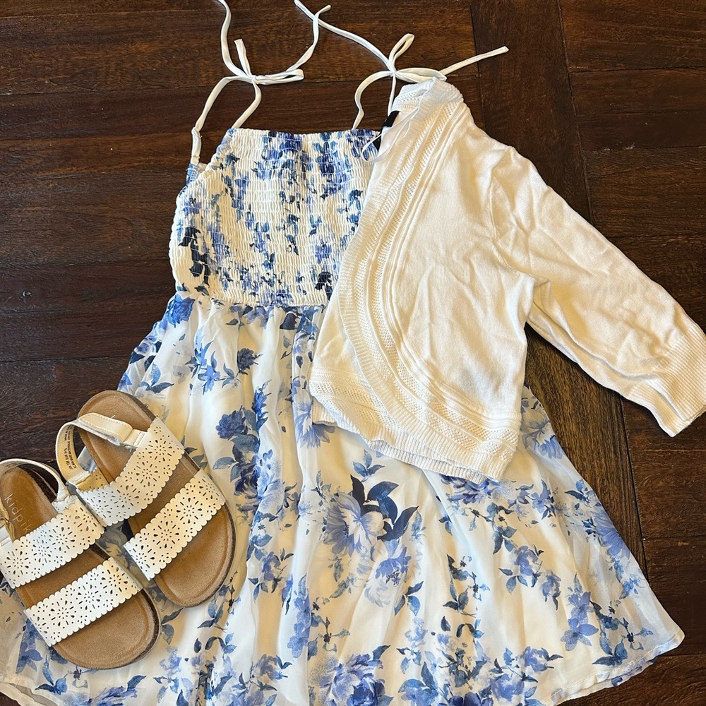 Charming Blue Floral Dress with White Cardigan